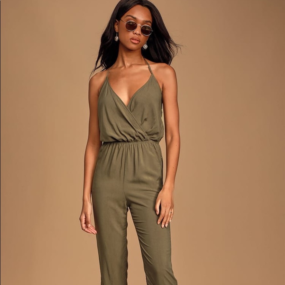 Learning to Fly Olive Green Halter Jumpsuit